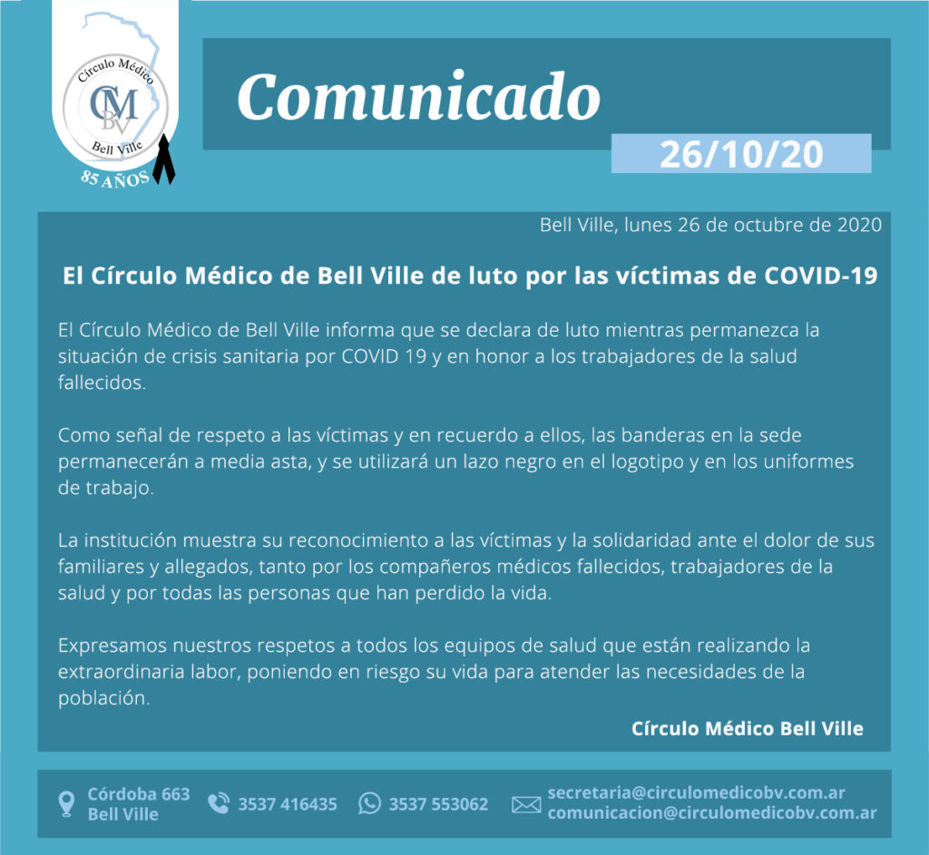 El Círculo Médico de Bell Ville de luto por las víctimas de COVID-19