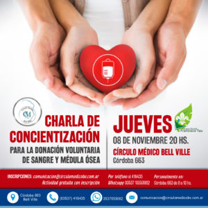 8/11 20hs. Charla de Concientización para la Donación de Sangre y Médula Ósea